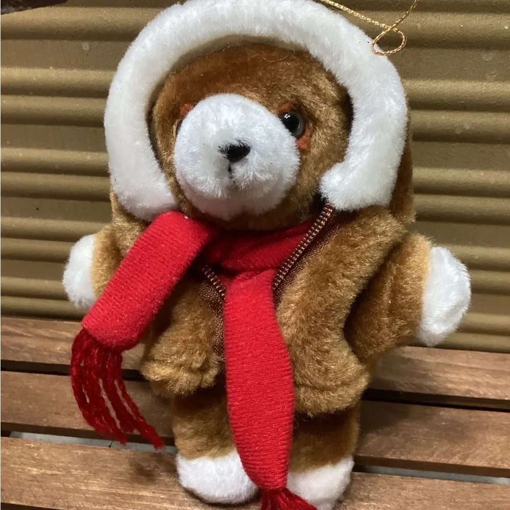 Avon Vintage Mini Plush Puppy Dog Ornament with Brown Coat & Scarf